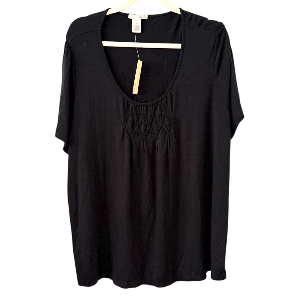 NWT Evie Woman 3X Black Smocked Scoop Neck Short Sleeve Relaxed Fit Top